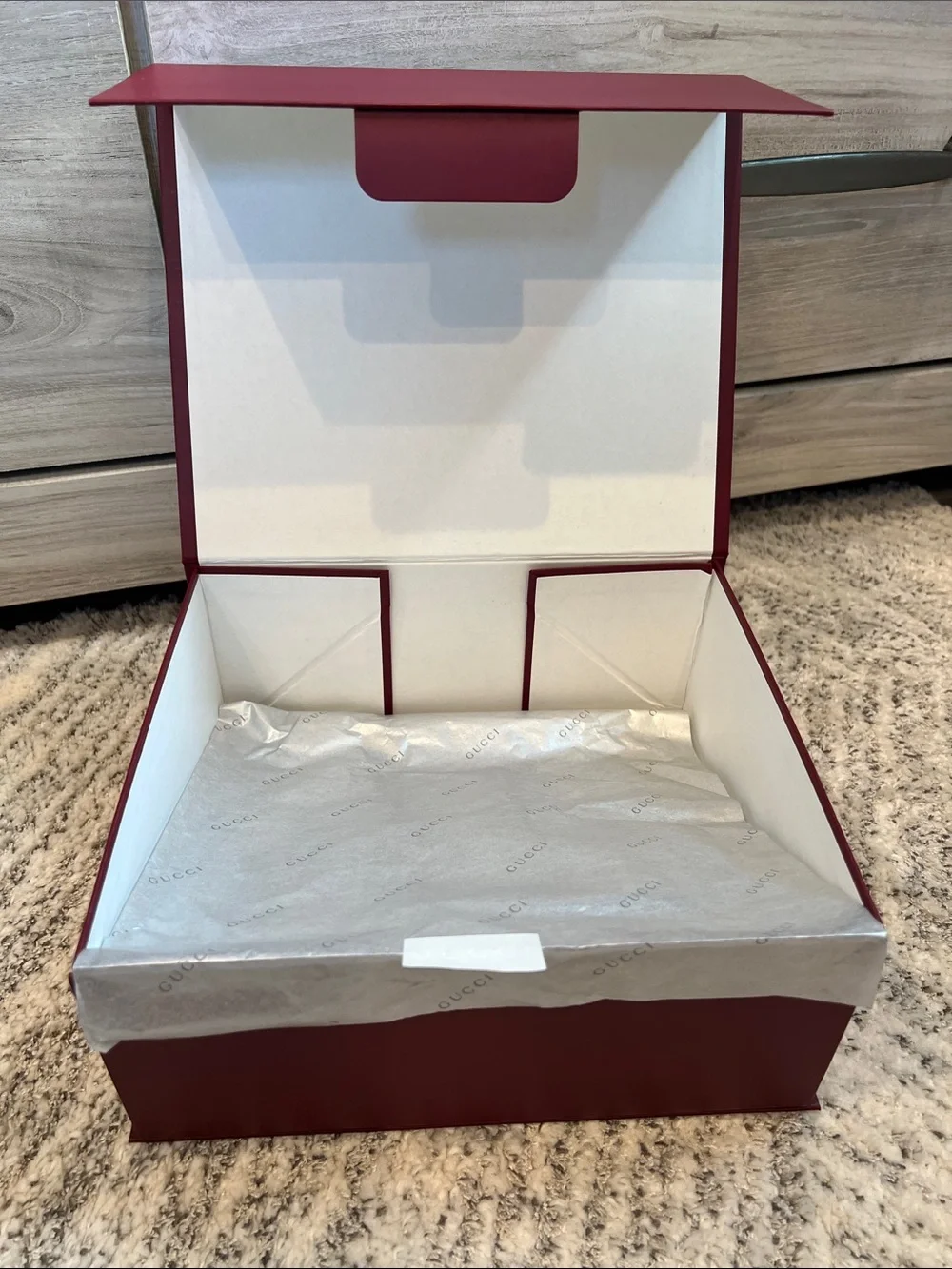 New Gucci Beautiful Burgundy Box with Silver Branded Tissue Sheet